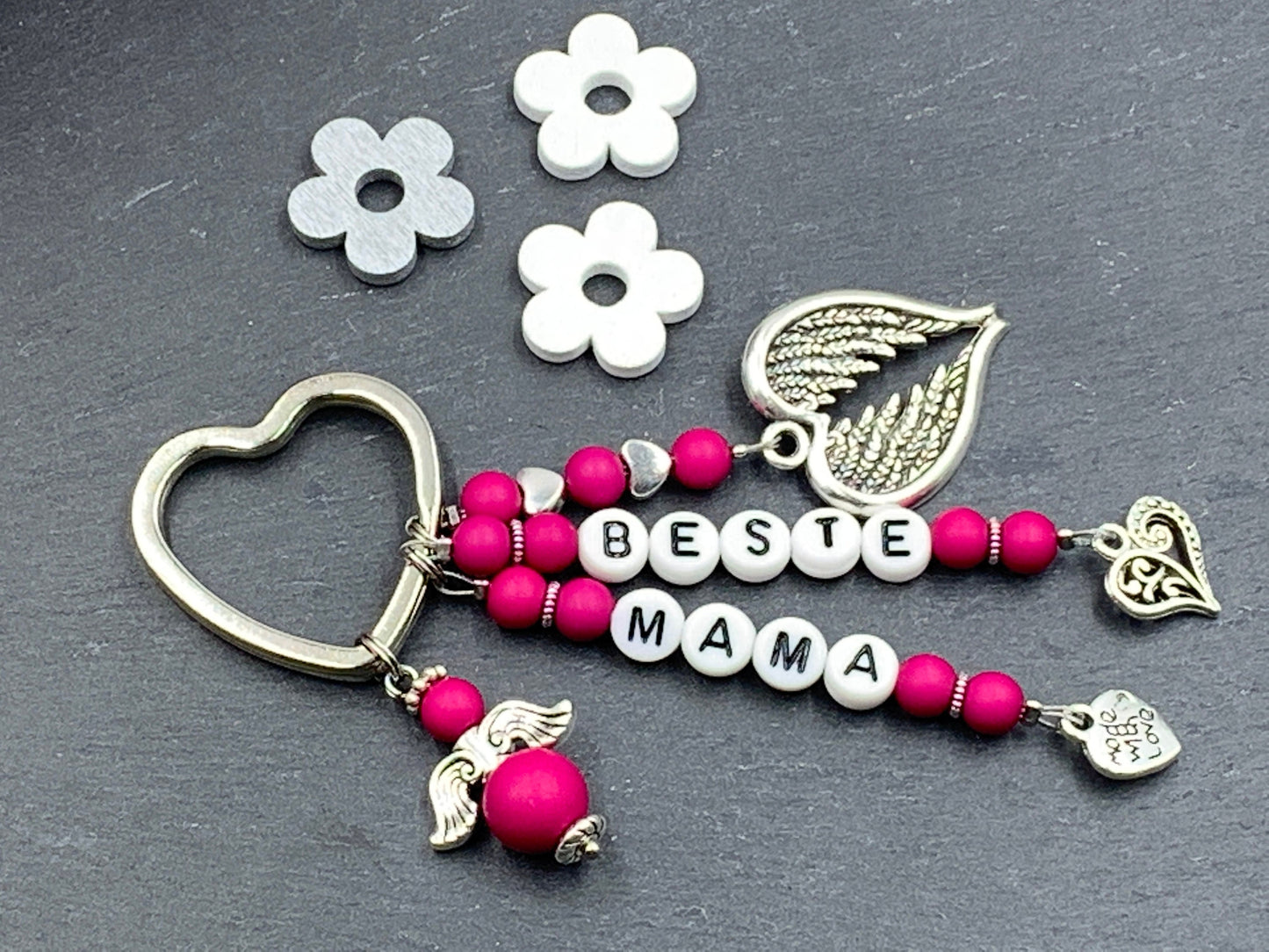 Schlüsselanhänger Beste Mama Perlen Acryl Dunkeltürkis - Geschenk Mutter Großmutter Geburt Liebe - personalisierbar echte Edelsteine möglich