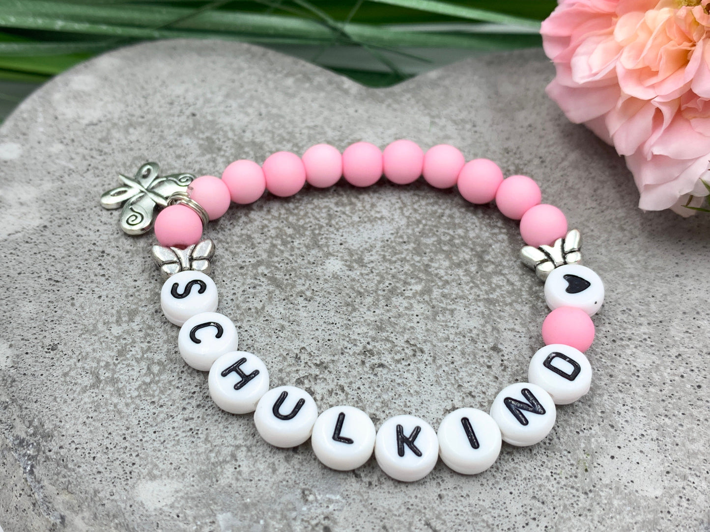 Armband Schulkind Acryl Rosa - Geschenk erster Schultag Glücksbringer Perlenarmband Einschulung Mädchen - viele Farben personalisierbar