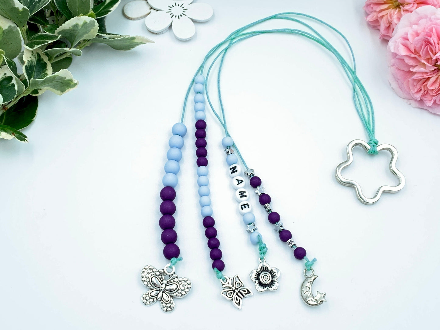 Rechenkette Mädchen Zählkette Hellblau Violett mit Name wahlweise ABC - Geschenk Einschulung erster Schultag - Rechenhilfe 20 Grundschule