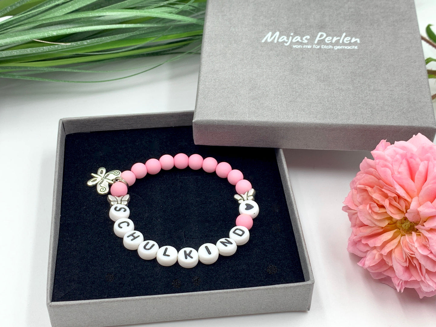 Armband Schulkind Acryl Rosa - Geschenk erster Schultag Glücksbringer Perlenarmband Einschulung Mädchen - viele Farben personalisierbar