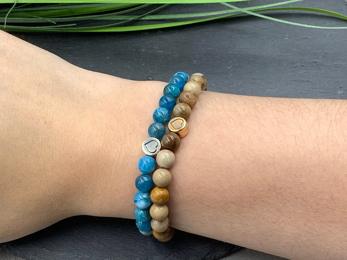Armband Apatit echter Naturstein mit Herz DQ - Silber Gold Roségold Gunmetal - spirituelles Armband - Geschenk Liebe Glück Freundin