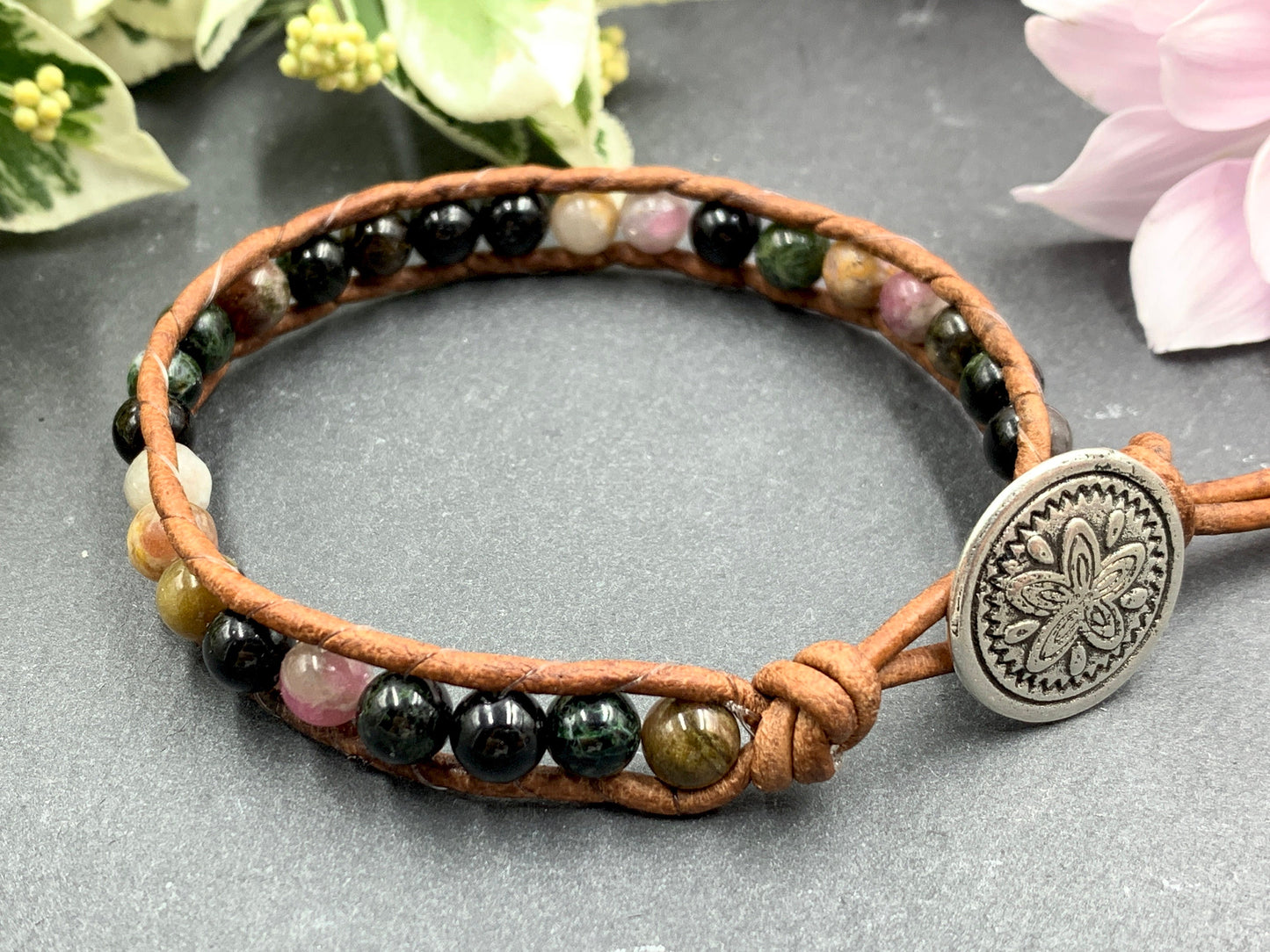 Wickelarmband Wassermelonen Turmalin echt mit Leder - Perlenarmband gewickelt Schutzstein -  Bohoarmband mit Wunschedelstein