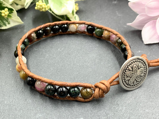 Wickelarmband Wassermelonen Turmalin echt mit Leder - Perlenarmband gewickelt Schutzstein -  Bohoarmband mit Wunschedelstein