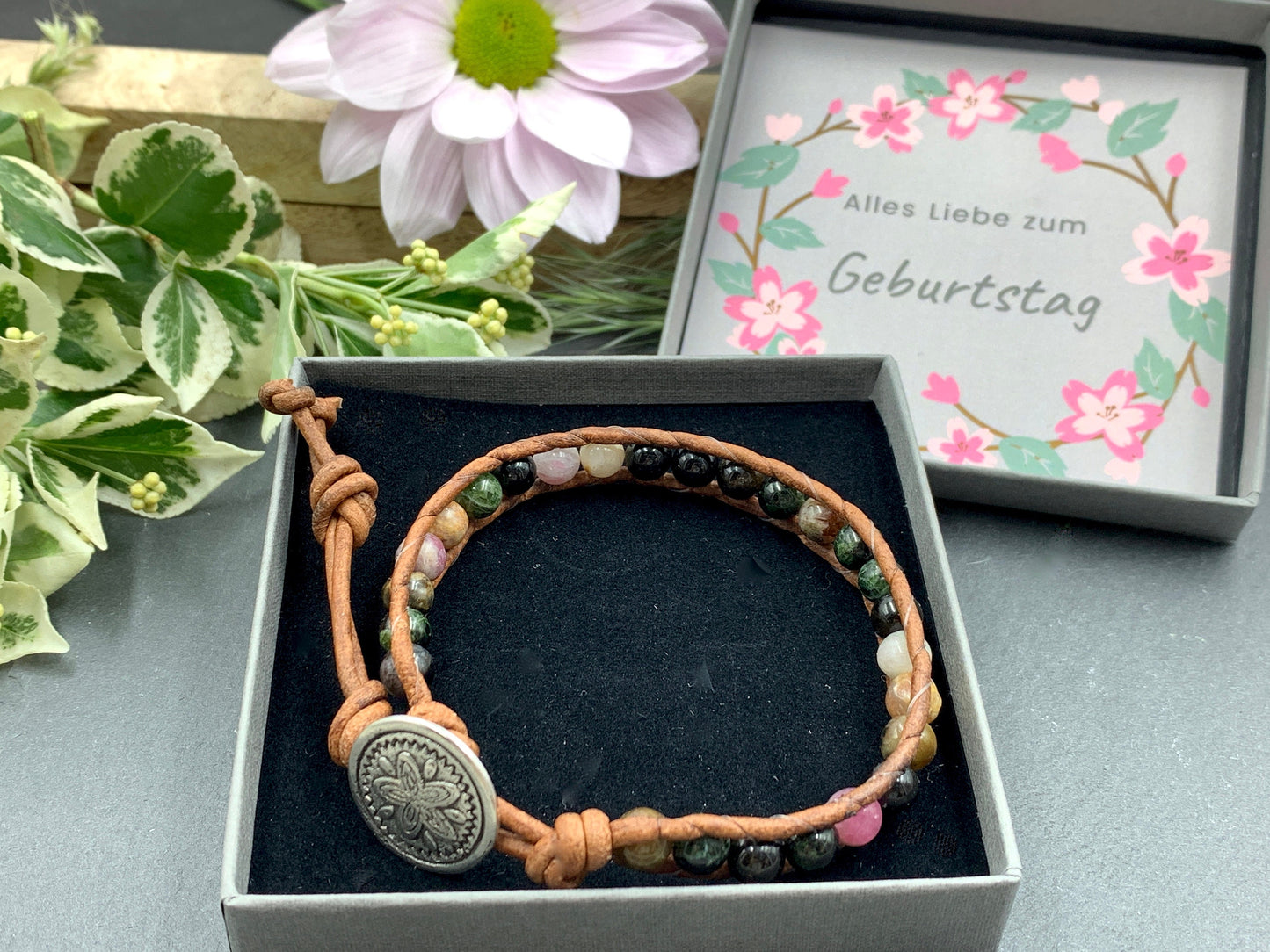 Wickelarmband Wassermelonen Turmalin echt mit Leder - Perlenarmband gewickelt Schutzstein -  Bohoarmband mit Wunschedelstein