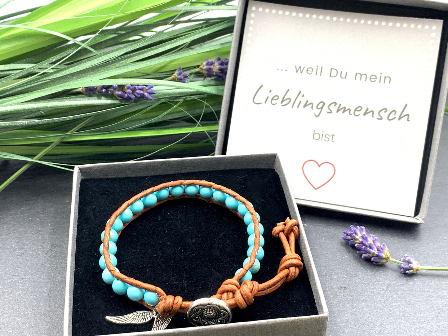 Wickelarmband Türkis und Leder -  Bohoarmband gewickelt Perlen Damen - Geschenk Geburtstag Herzensmensch Liebe -  Edelstein wählbar