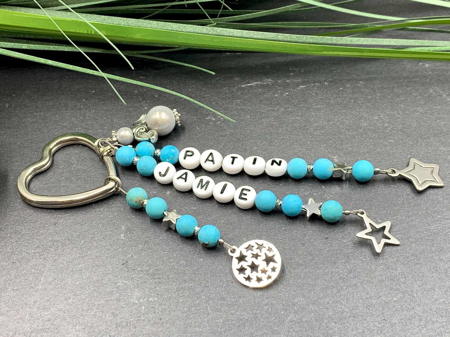 Schlüsselanhänger Patin und Name aus Türkis - Geschenk Frage Patenschaft Andenken Taufe Taufgeschenk -  Edelsteine wählbar personalisierbar