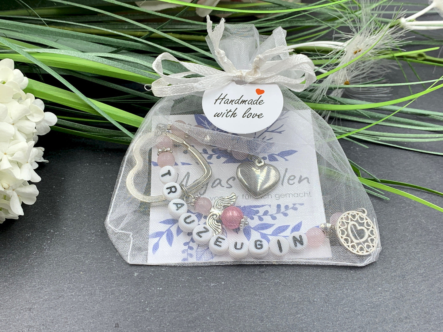 Schlüsselanhänger Trauzeugin Rosenquarz echt - Herzen Platiniert  - Geschenk Brautjungfer Team Braut - Edelstein wählbar - personalisierbar