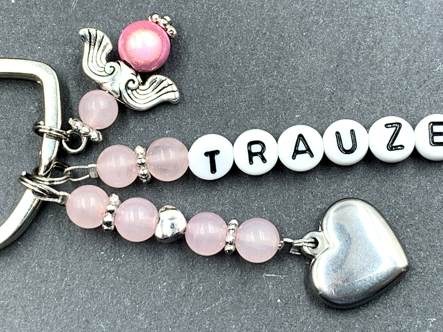 Schlüsselanhänger Trauzeugin Rosenquarz echt - Herzen Platiniert  - Geschenk Brautjungfer Team Braut - Edelstein wählbar - personalisierbar