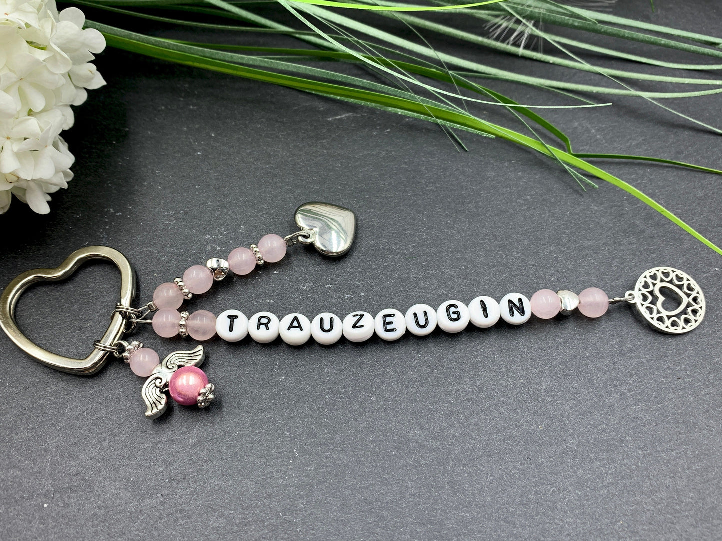 Schlüsselanhänger Trauzeugin Rosenquarz echt - Herzen Platiniert  - Geschenk Brautjungfer Team Braut - Edelstein wählbar - personalisierbar