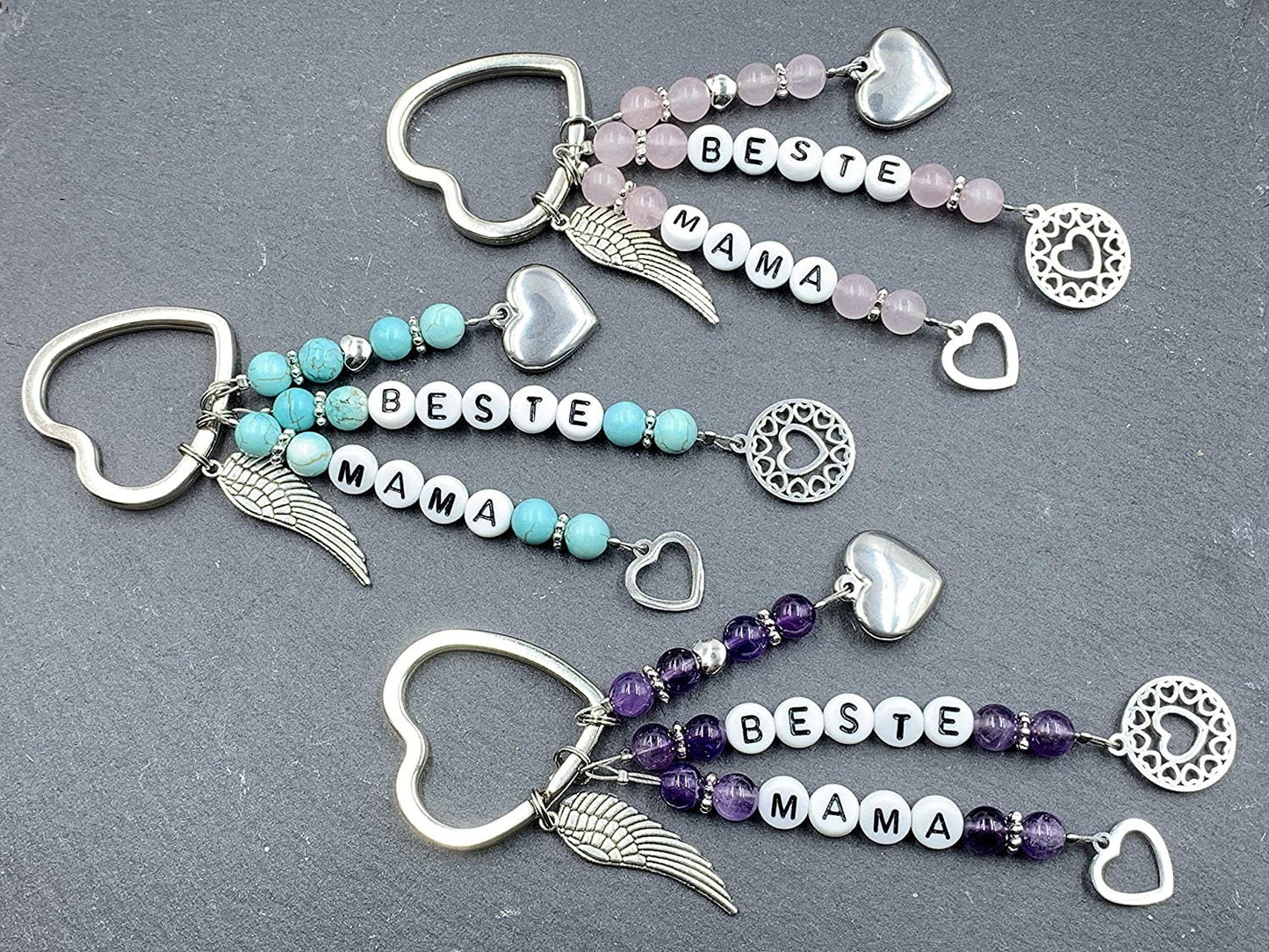 Schlüsselanhänger Beste Mama Rosenquarz echte Natursteine - Geschenk Mama Tante Oma Geburt Liebe - viele Edelsteine - personalisierbar