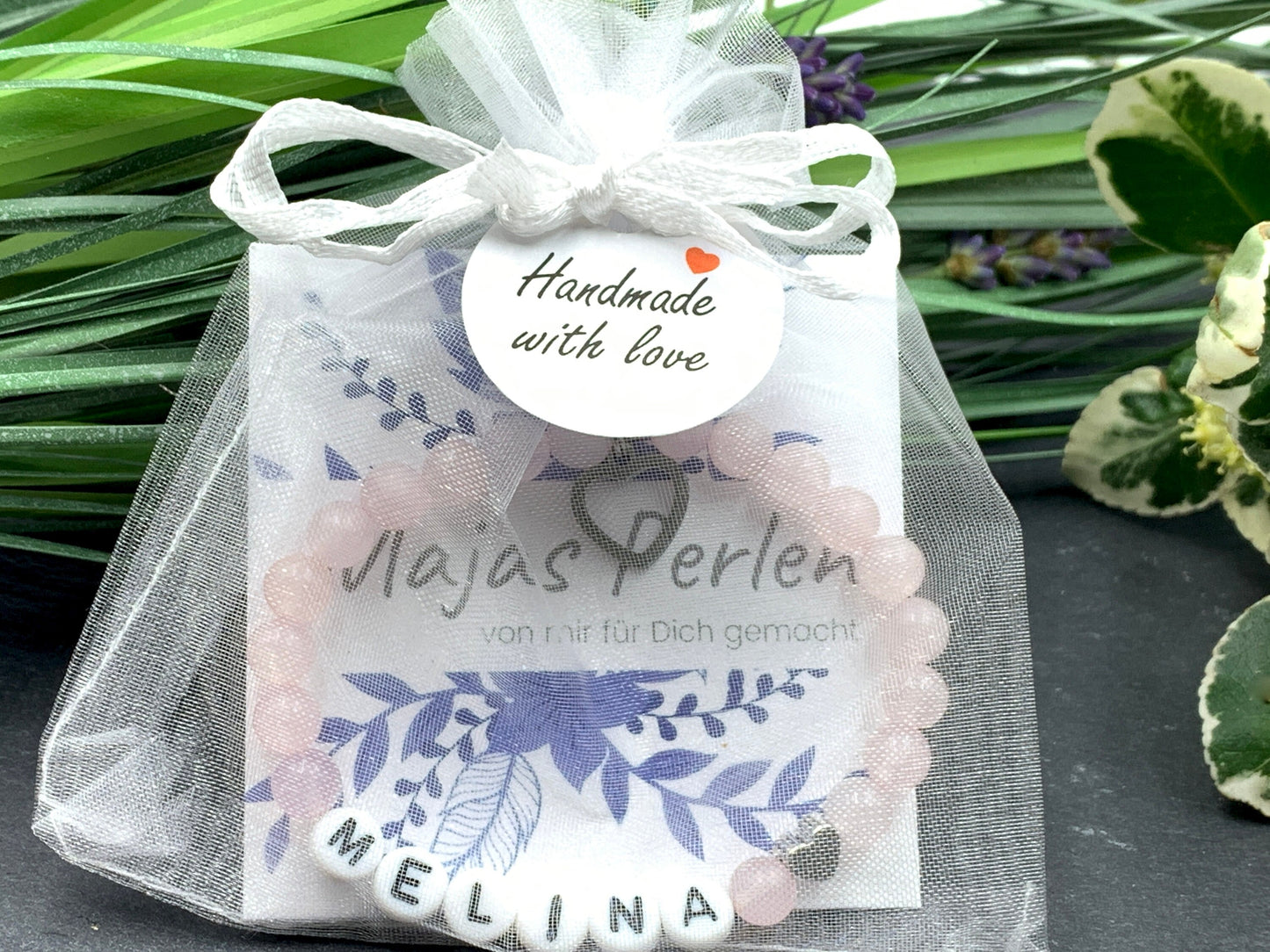 Rosenquarz Armband Name Melina - Herz Platiniert - Geschenk zur Geburt oder Taufe, Rosenquarzarmband personalisiert Mädchenarmband