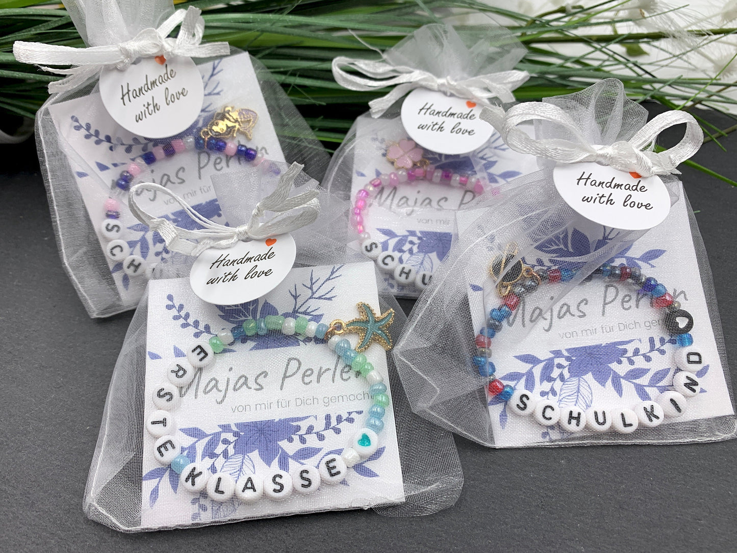 Armband Erste Klasse Grün Blau Rocailles - Glückbringer Perlenarmband erster Schultag Geschenk für Schulkind - viele Farben personalisierbar