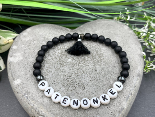 Armband Patenonkel schwarzer Achat - Perlenarmband Frage Patenschaft Andenken Taufe - viele Edelsteine - personalisierbar