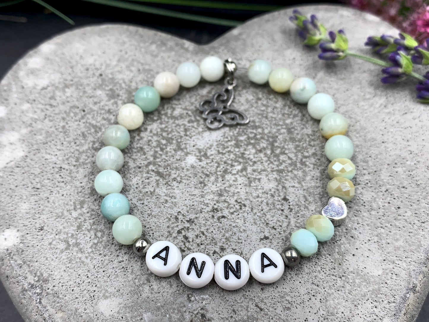 Perlenarmband Amazonit mit Namen - Namensarmband mit Herz Platiniert - 925 Silber Perlen - echte Edelsteine nach Wunsch - Geschenk Mama