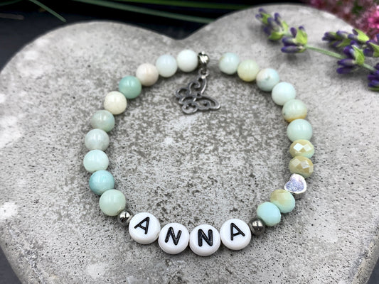 Perlenarmband Amazonit mit Namen - Namensarmband mit Herz Platiniert - 925 Silber Perlen - echte Edelsteine nach Wunsch - Geschenk Mama