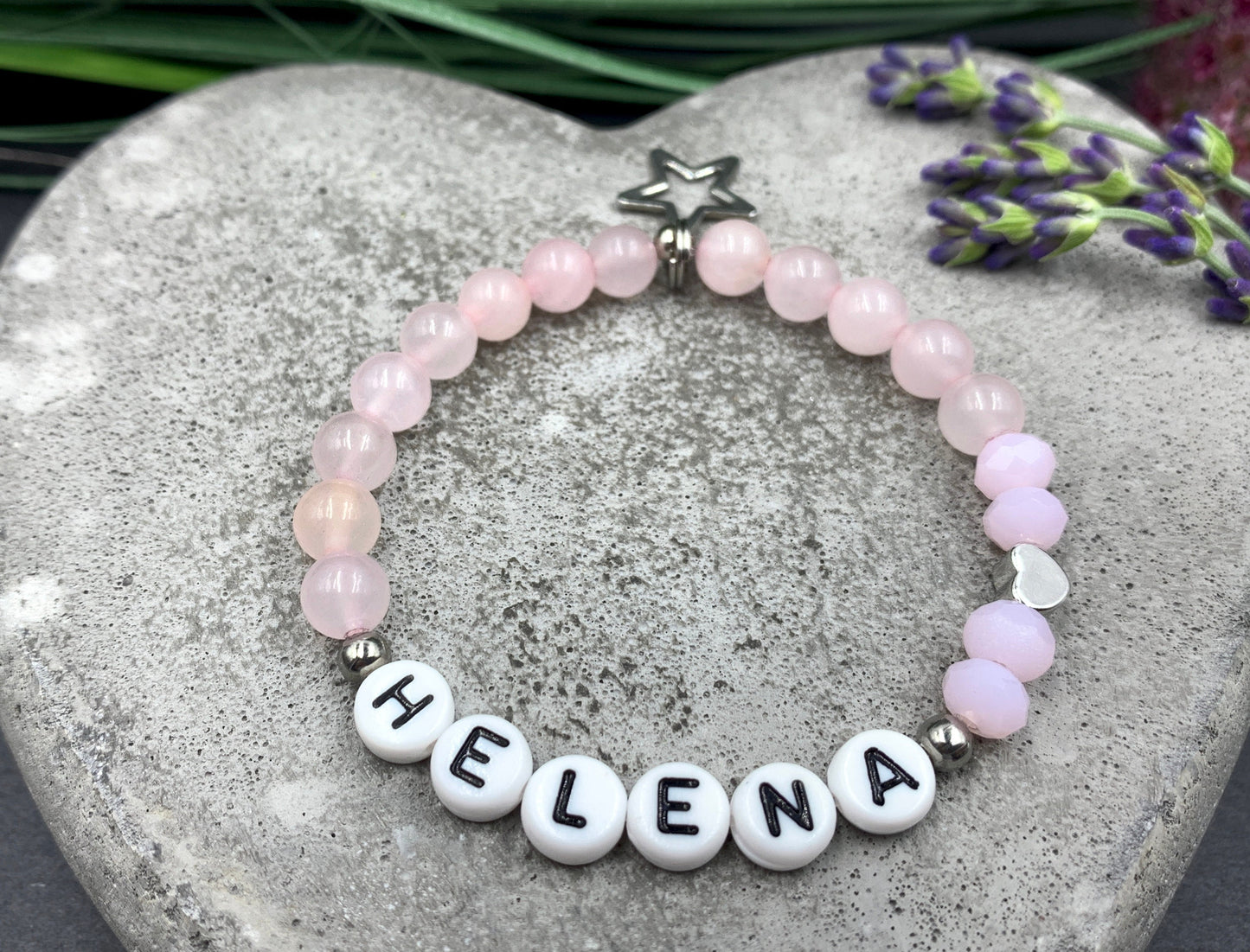 Perlenarmband Rosenquarz mit Namen - Namensarmband mit Herz Platiniert - 925 Silber Perlen - echte Edelsteine nach Wunsch - Geschenk Liebe