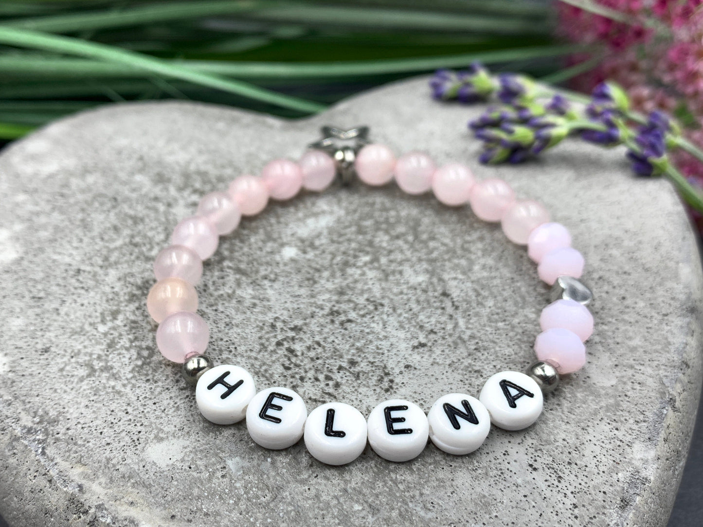 Perlenarmband Rosenquarz mit Namen - Namensarmband mit Herz Platiniert - 925 Silber Perlen - echte Edelsteine nach Wunsch - Geschenk Liebe