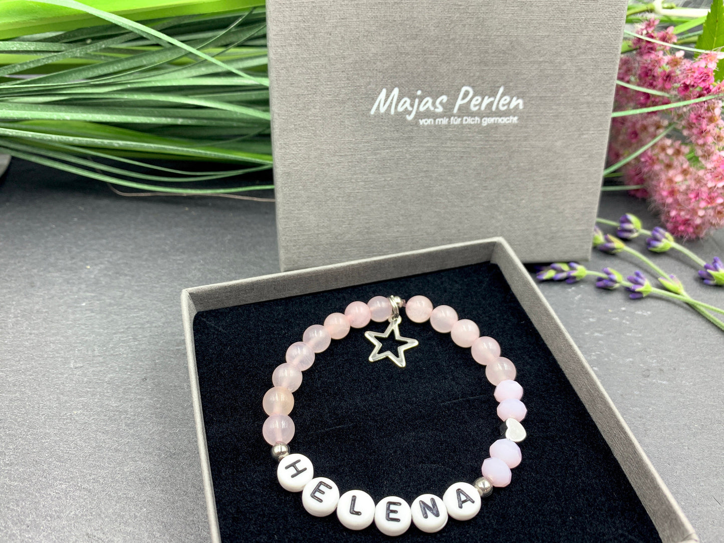 Perlenarmband Rosenquarz mit Namen - Namensarmband mit Herz Platiniert - 925 Silber Perlen - echte Edelsteine nach Wunsch - Geschenk Liebe