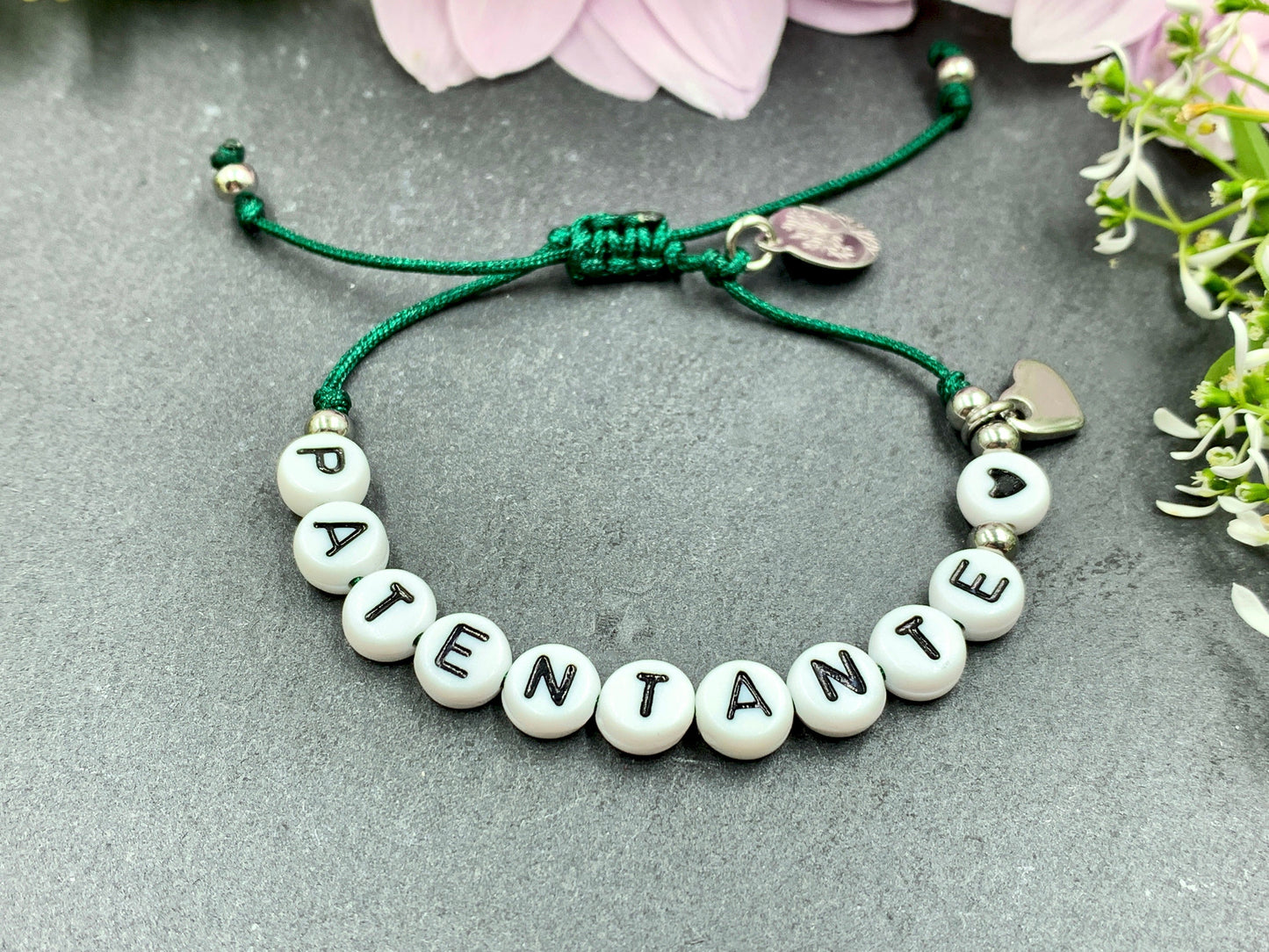 Armband Makramee Patentante Dunkelgrün Perlen Edelstahl - Geschenk Patenschaft Andenken Taufgeschenk Pate - viele Farben personalisierbar