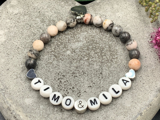 Armband Amazonit Mama und Kindername -  Herzen Hämatit - Geschenk Schwangerschaft Baby Geburt Perlenarmband personalisierbar div. Edelsteine