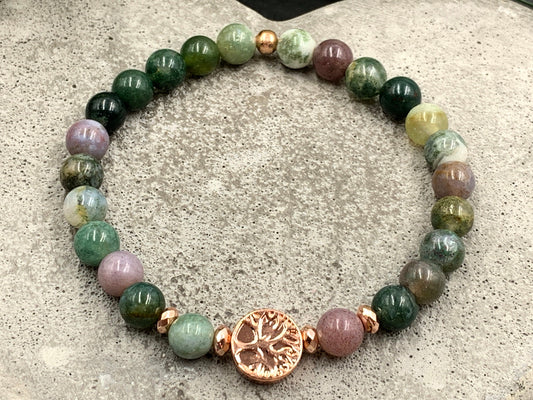 Perlenarmband Indischer Achat Lebensbaum Hämatit Roségold - Gunmetal Dunkelsilber Silber - spirituelles Armband Wachstum Ganzheit Erdung