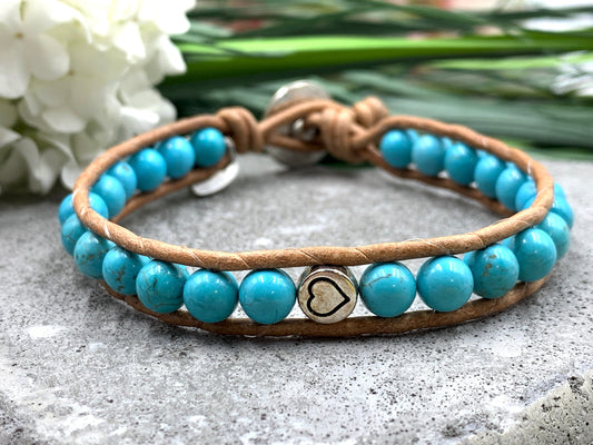 Armband gewickelt Türkis und Leder - Bohoarmband gewickelt - Geschenk Mama beste Freundin Geburtstag - Edelstein wählbar