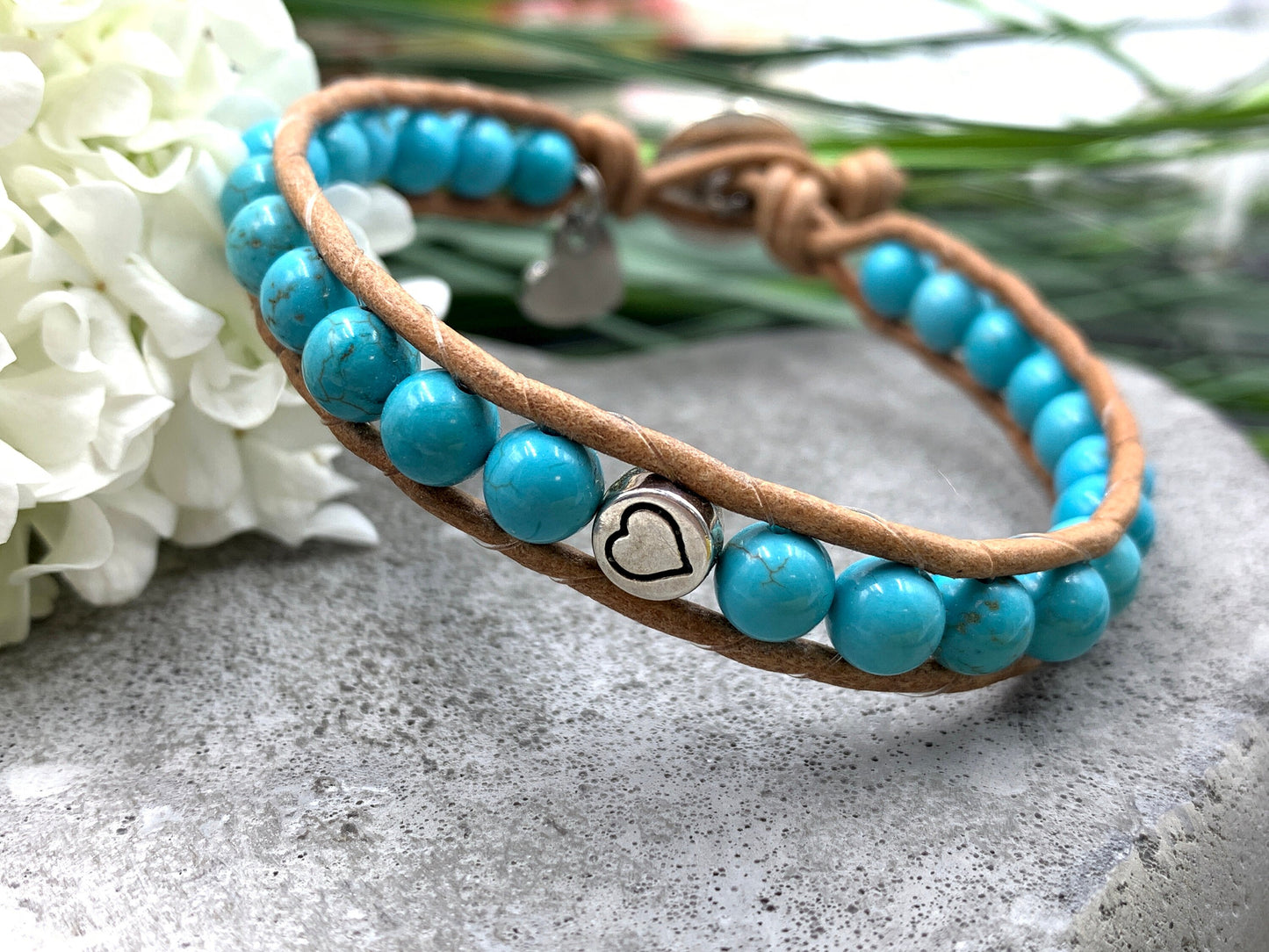Armband gewickelt Türkis und Leder - Bohoarmband gewickelt - Geschenk Mama beste Freundin Geburtstag - Edelstein wählbar