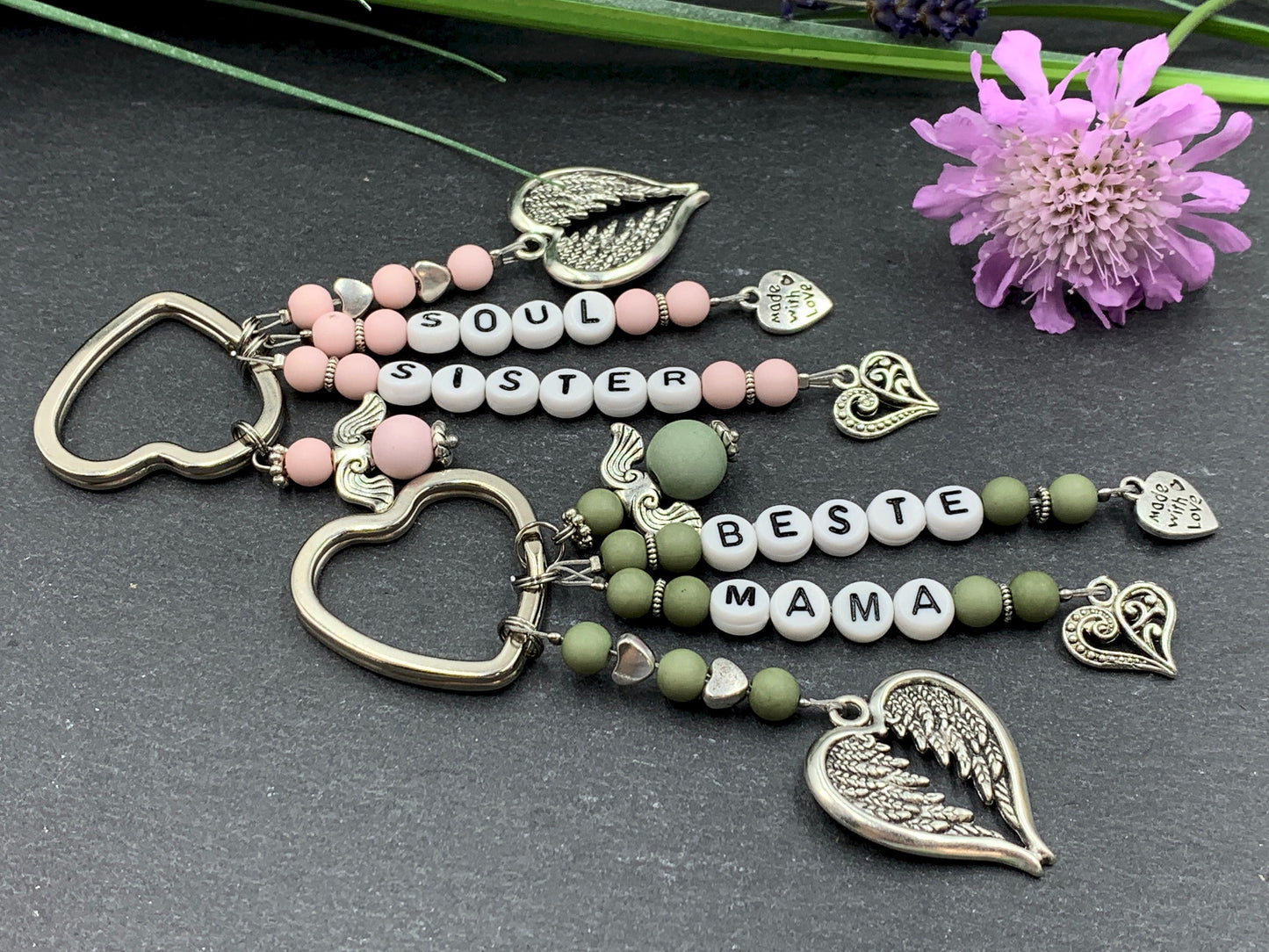 Schlüsselanhänger Soulsister Rosa Acryl Perlen Zartrosa - Geschenk Liebe Lieblingsmensch Freundschaft - anpassbar - echte Edelsteine möglich