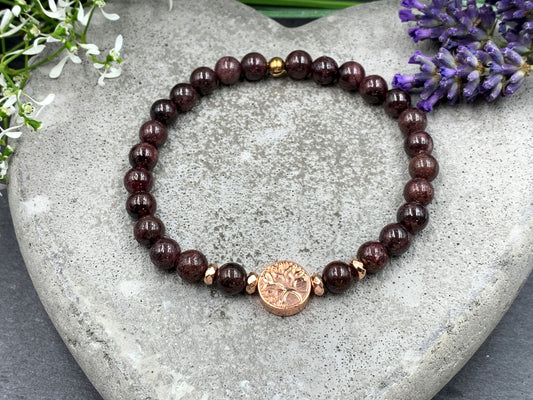 Perlenarmband Granat Lebensbaum Hämatit Roségold - Gunmetal Dunkelsilber Silber - spirituelles Armband Wachstum Ganzheit - personalisierbar