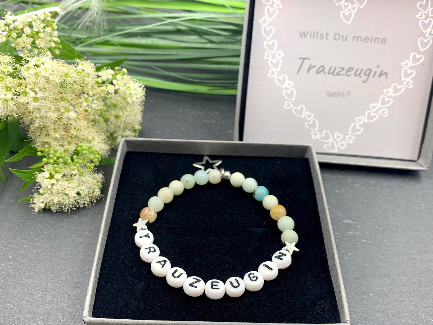 Armband Amazonit Trauzeugin Sterne echt Platiniert - Geschenk Brautjungfer Team Braut JGA heiraten - viele Edelsteine personalisierbar