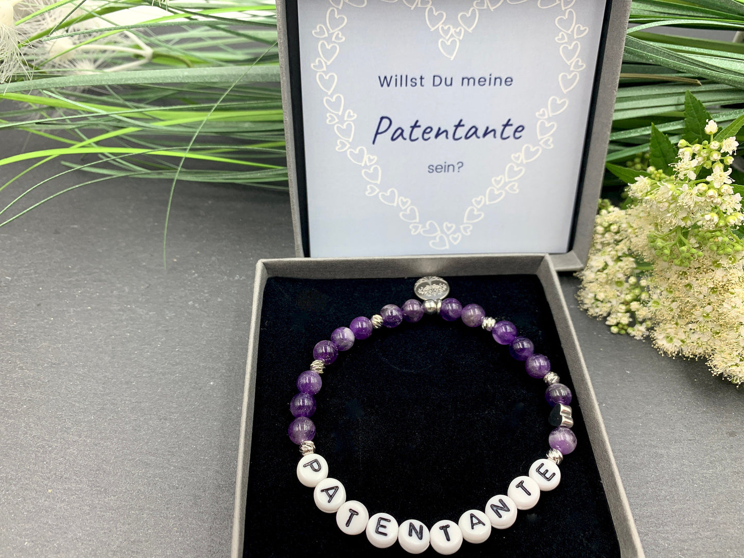 Armband Amethyst Patentante Herz platiniert - Geschenk für Patenschaft Taufe - Willst du meine Patin sein - Wunschedelstein personalisierbar