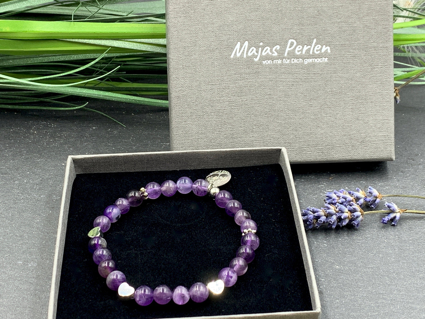 Armband Amethyst Herz platiniert - Geschenk Liebe Glück Herzmensch - Perlenarmband Naturstein echt - personalisierbar - viele Edelsteine