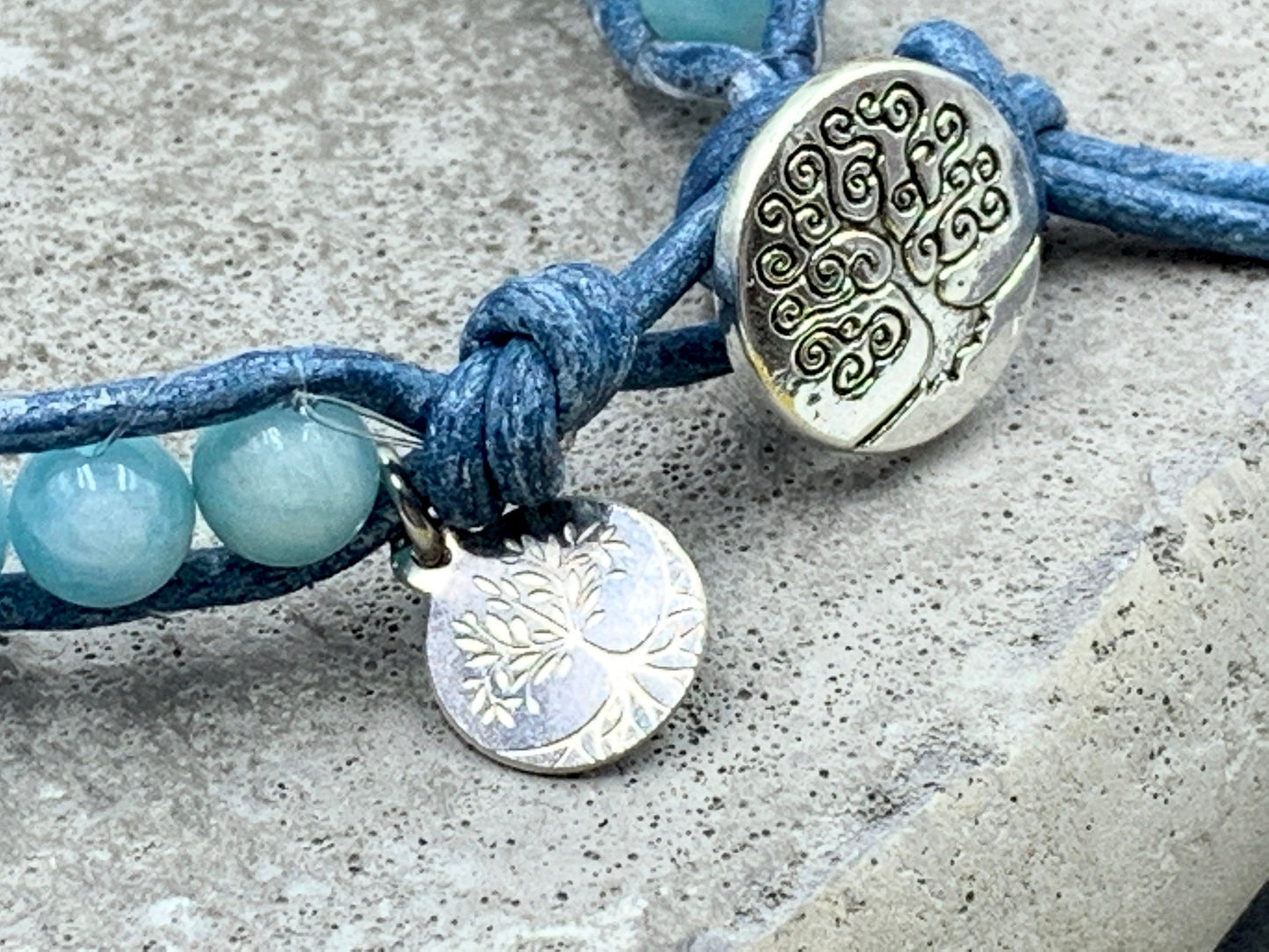 Wickelarmband Aquamarin echt mit Leder - Bohoarmband gewickelt Aquamarin - Geschenk Lieblingsmensch - Edelstein nach Wunsch