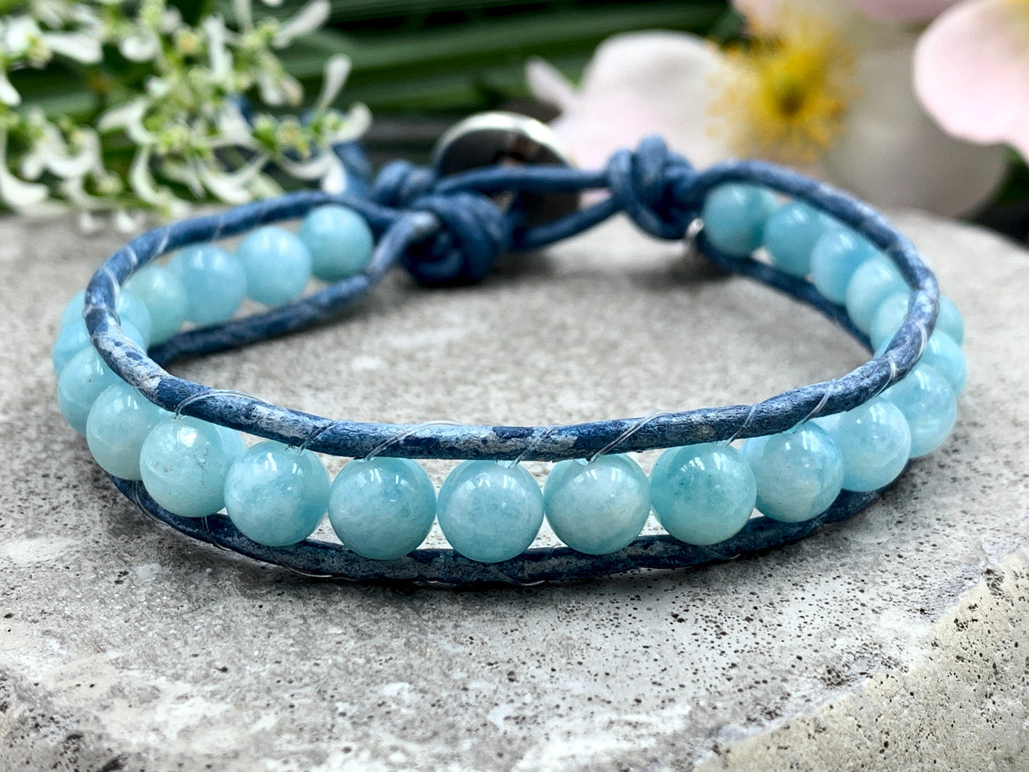 Wickelarmband Aquamarin echt mit Leder - Bohoarmband gewickelt Aquamarin - Geschenk Lieblingsmensch - Edelstein nach Wunsch