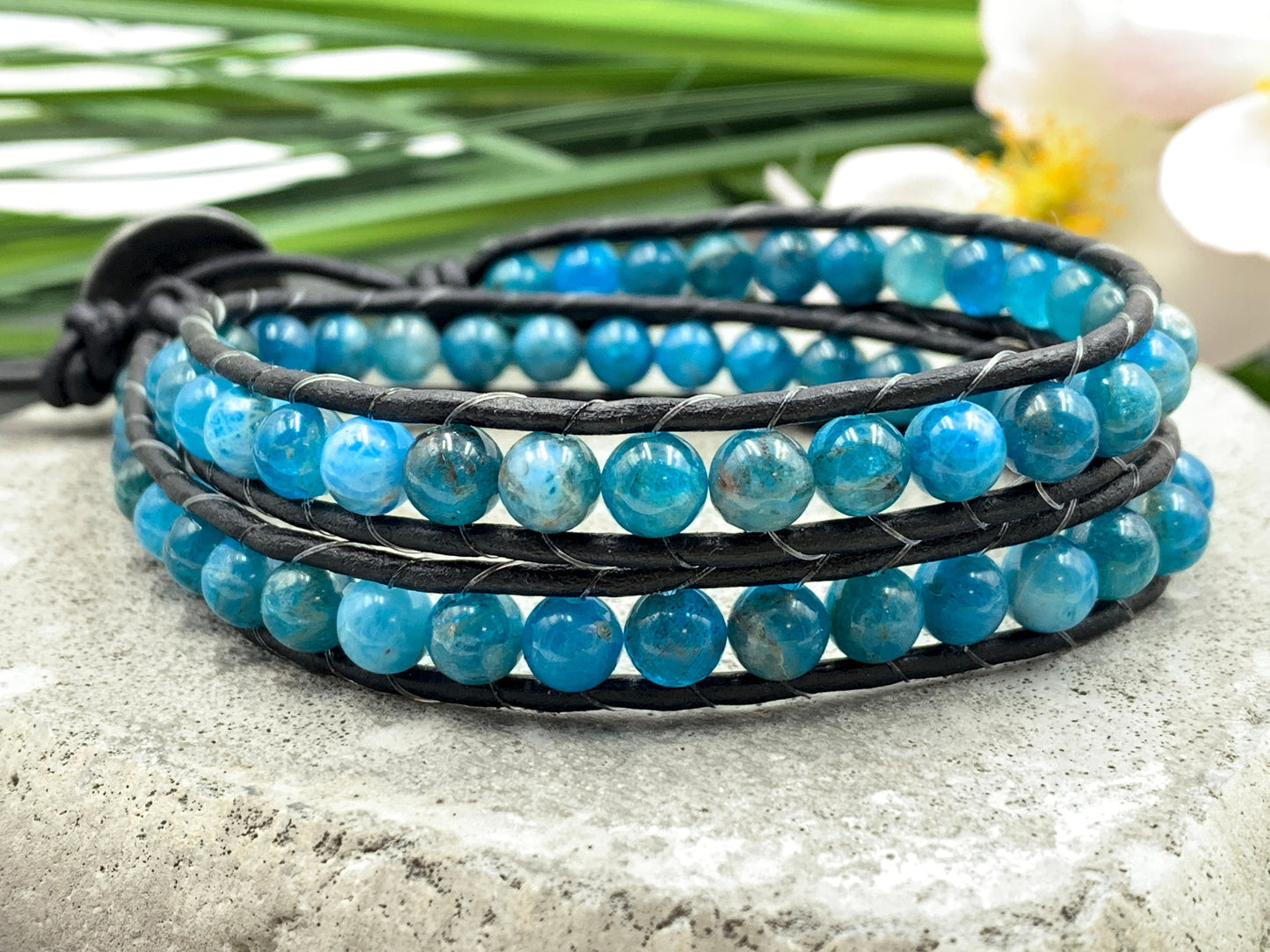 Armband gewickelt Apatit echt und Leder - Wickelarmband mit Wunschedelstein - Schmuck Boho Vintage Style - Edelstein wählbar