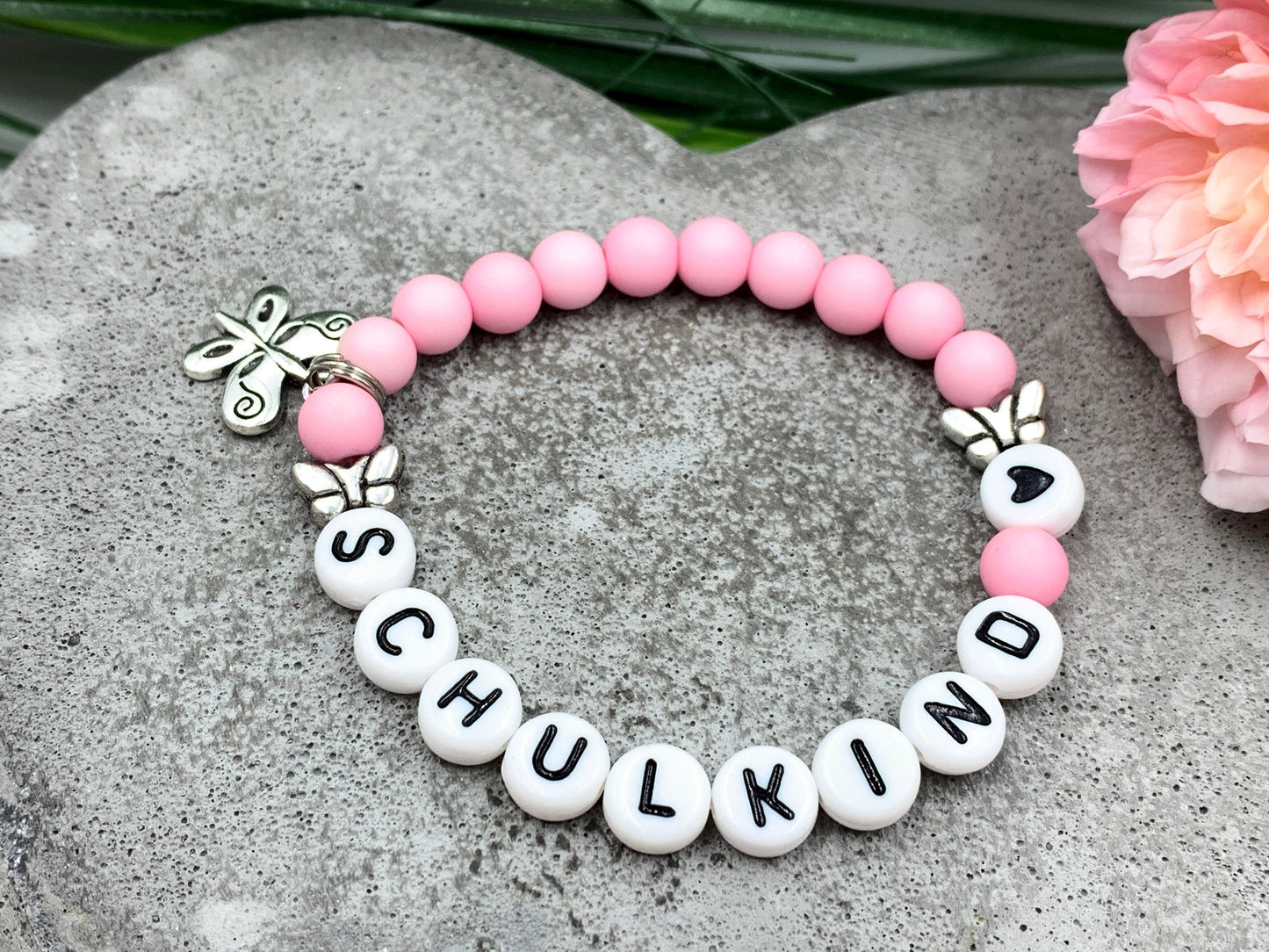 Armband Schulkind Acryl Rosa - Geschenk erster Schultag Glücksbringer Perlenarmband Einschulung Mädchen - viele Farben personalisierbar