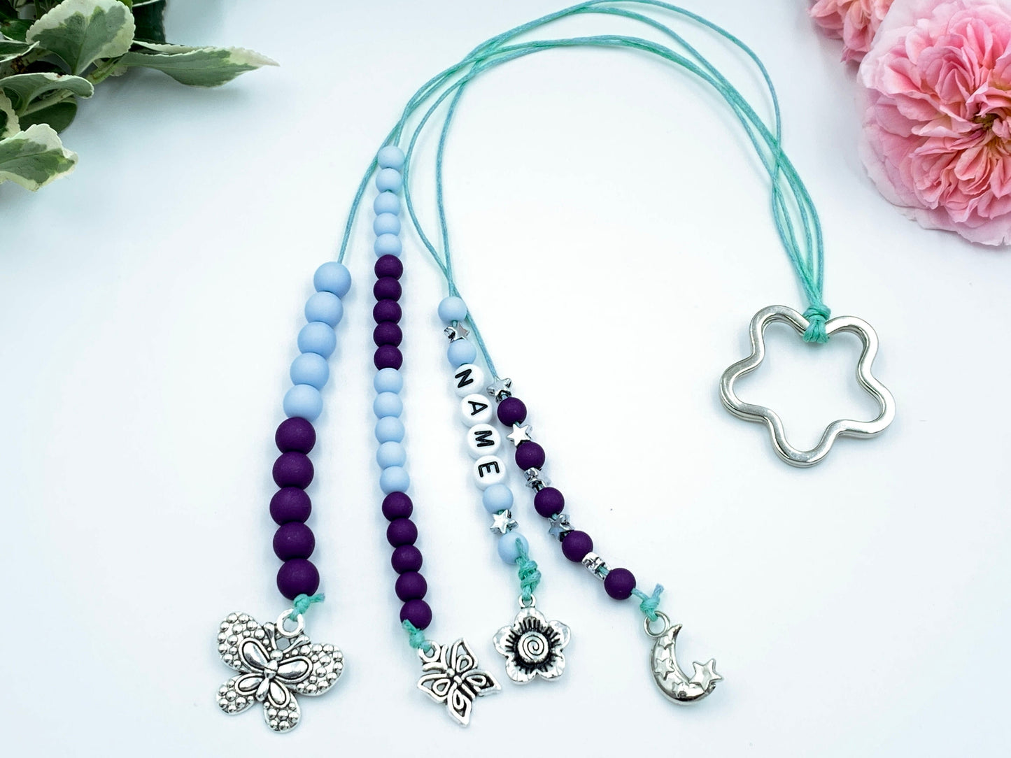 Rechenkette Mädchen Zählkette Hellblau Violett mit Name wahlweise ABC - Geschenk Einschulung erster Schultag - Rechenhilfe 20 Grundschule