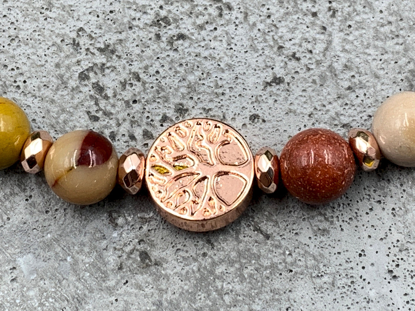 Perlenarmband Mookait Makramee Lebensbaum Hämatit Roségold - Gunmetal Dunkelsilber Silber - spirituelles Armband Wachstum Ganzheit Erdung