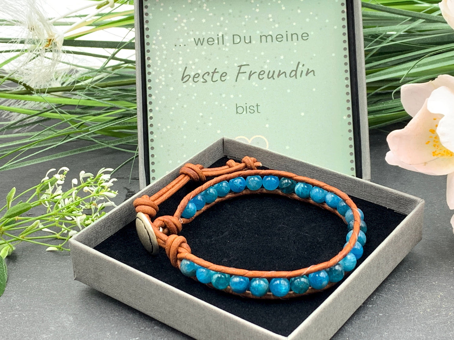 Armband gewickelt Türkis und Leder - Bohoarmband gewickelt - Geschenk Mama beste Freundin Geburtstag - Edelstein wählbar
