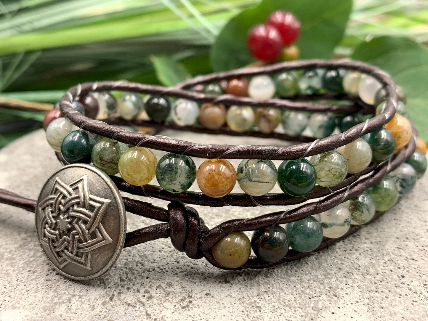 Wickelarmband Indischer Achat Leder - Perlenarmband gewickelt - Geschenk Geburtstag Liebe Kraft - Edelstein nach Wunsch