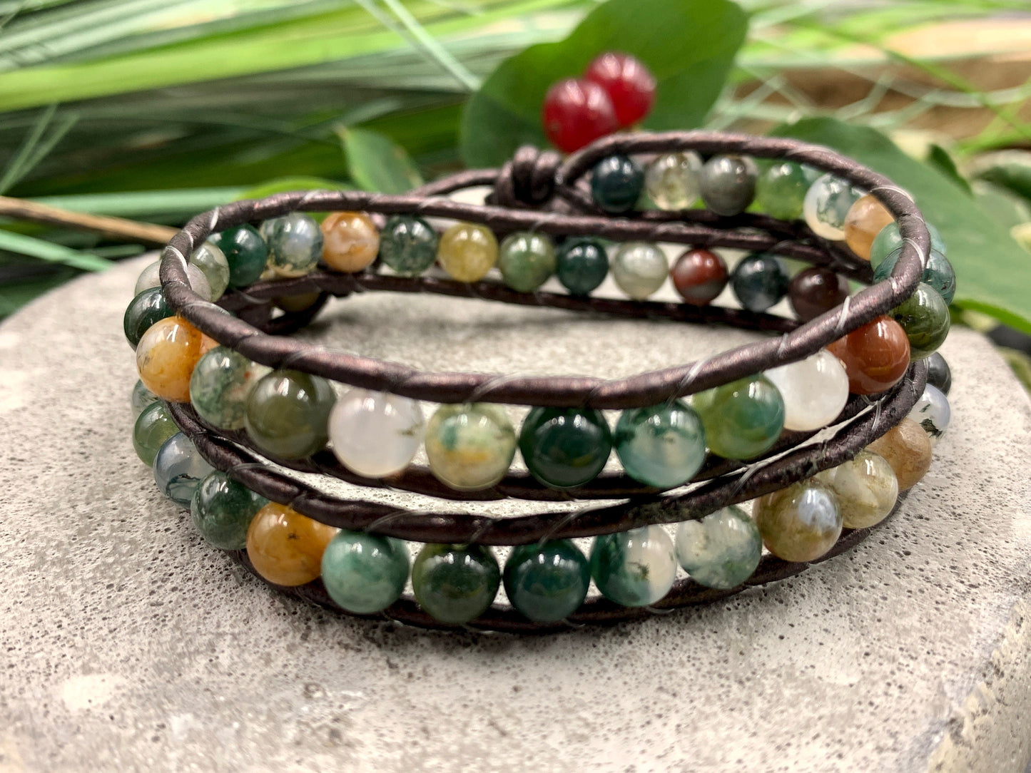 Wickelarmband Indischer Achat Leder - Perlenarmband gewickelt - Geschenk Geburtstag Liebe Kraft - Edelstein nach Wunsch