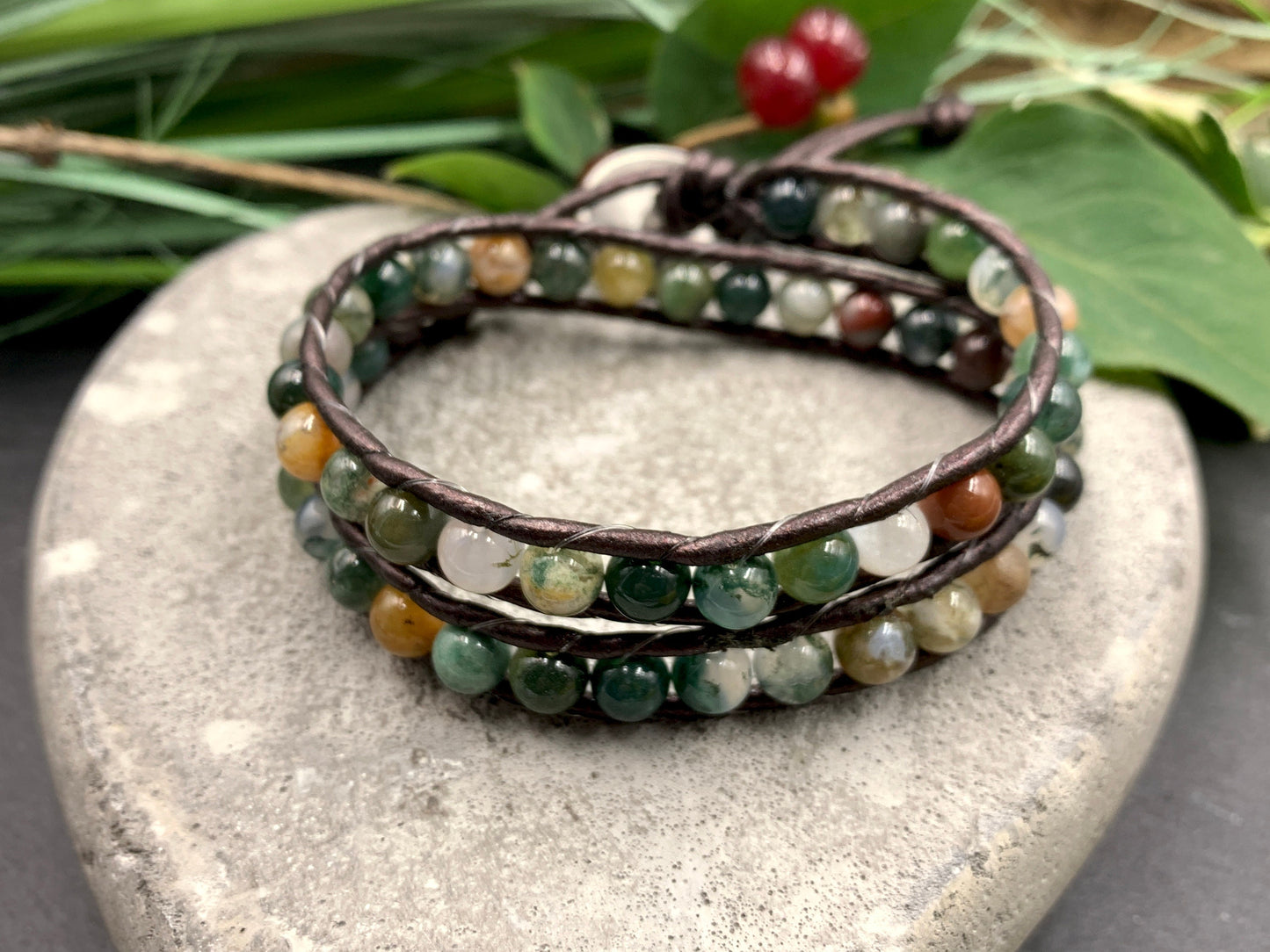 Wickelarmband Indischer Achat Leder - Perlenarmband gewickelt - Geschenk Geburtstag Liebe Kraft - Edelstein nach Wunsch