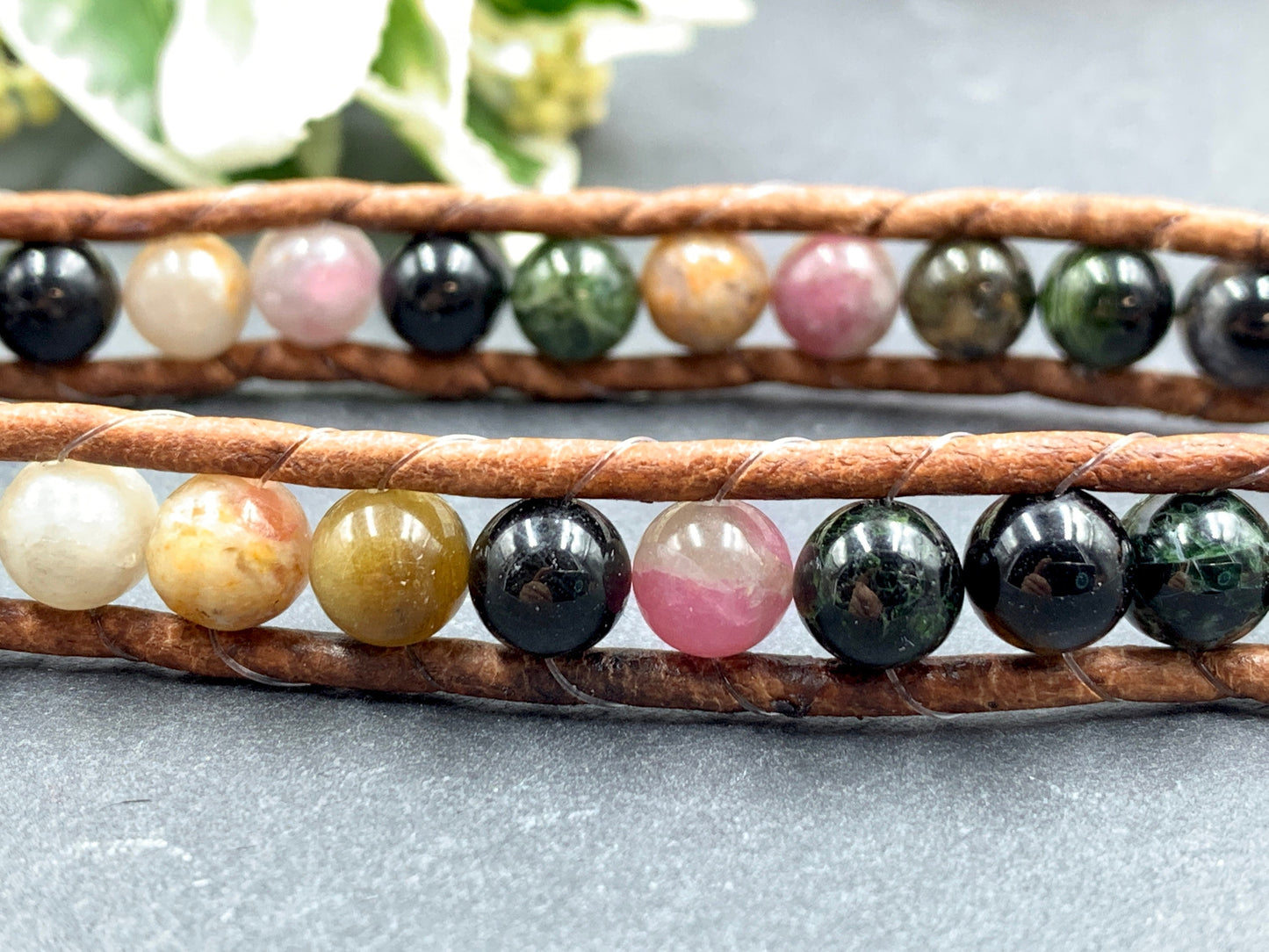 Wickelarmband Wassermelonen Turmalin echt mit Leder - Perlenarmband gewickelt Schutzstein -  Bohoarmband mit Wunschedelstein