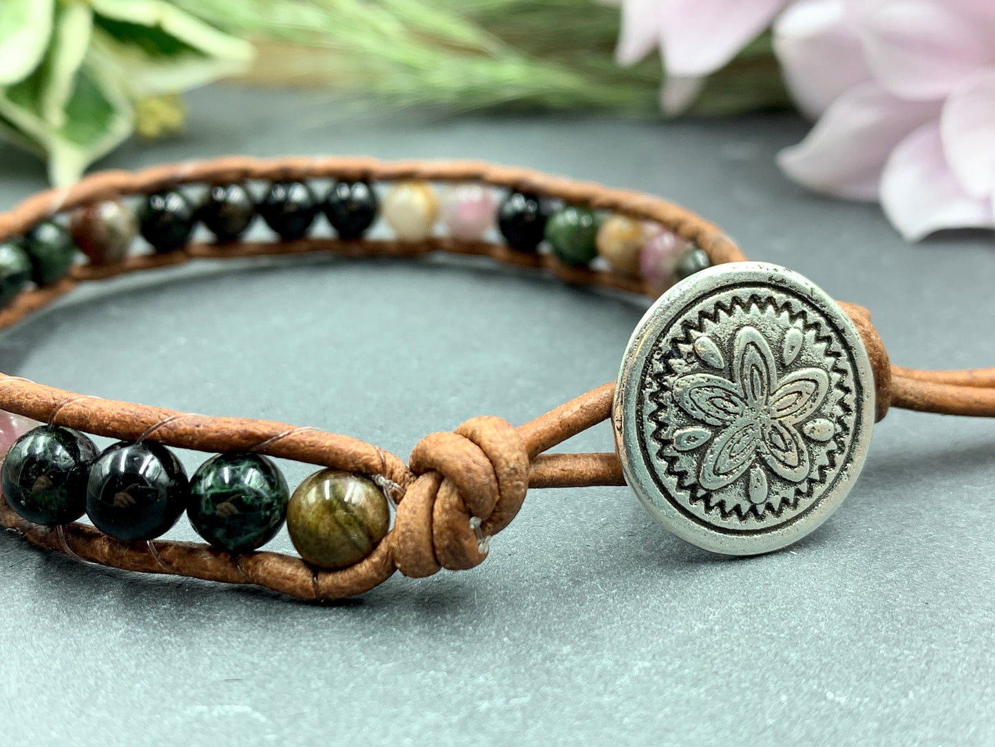 Wickelarmband Wassermelonen Turmalin echt mit Leder - Perlenarmband gewickelt Schutzstein -  Bohoarmband mit Wunschedelstein