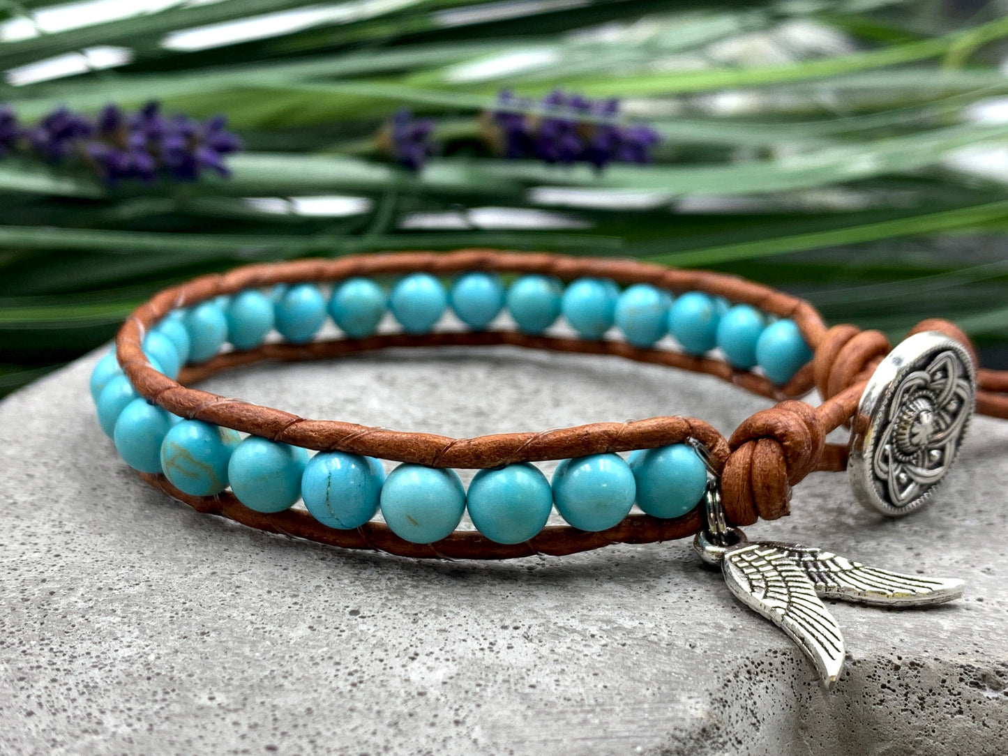 Wickelarmband Türkis und Leder -  Bohoarmband gewickelt Perlen Damen - Geschenk Geburtstag Herzensmensch Liebe -  Edelstein wählbar