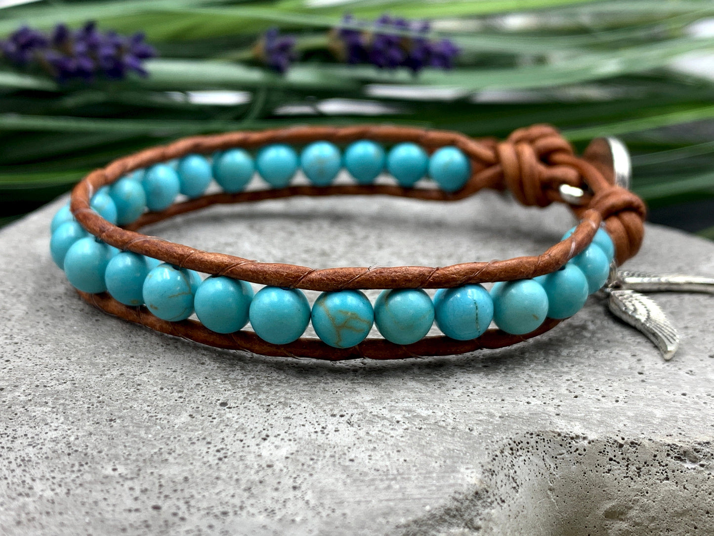 Wickelarmband Türkis und Leder -  Bohoarmband gewickelt Perlen Damen - Geschenk Geburtstag Herzensmensch Liebe -  Edelstein wählbar