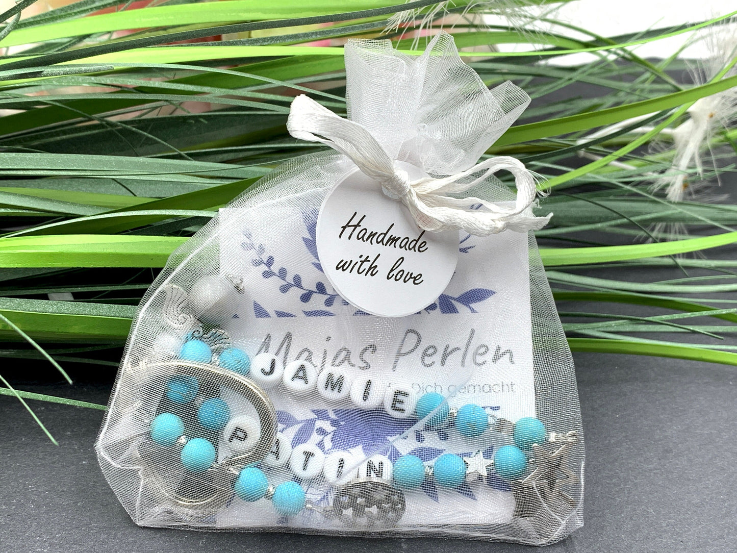 Schlüsselanhänger Patin und Name aus Türkis - Geschenk Frage Patenschaft Andenken Taufe Taufgeschenk -  Edelsteine wählbar personalisierbar