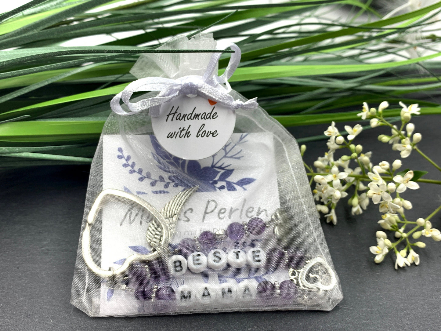 Schlüsselanhänger Beste Mama Rosenquarz echte Natursteine - Geschenk Mama Tante Oma Geburt Liebe - viele Edelsteine - personalisierbar