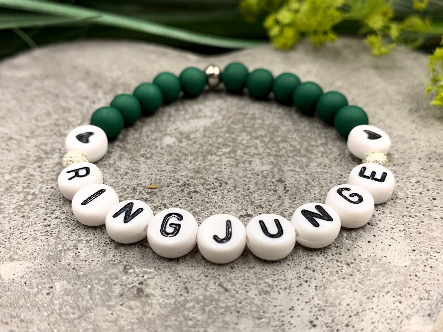 Armband Ringjunge Acryl Dunkelgrün - Perlen 6 mm - Geschenk Ringkind Ringmädchen- rund um Hochzeit - viele Farben - alle Größen - handmade