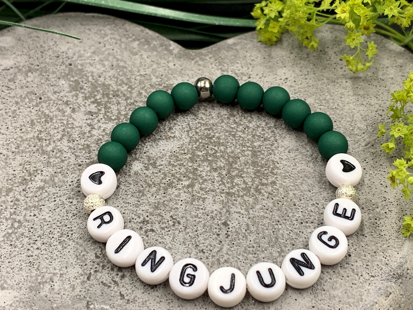 Armband Ringjunge Acryl Dunkelgrün - Perlen 6 mm - Geschenk Ringkind Ringmädchen- rund um Hochzeit - viele Farben - alle Größen - handmade